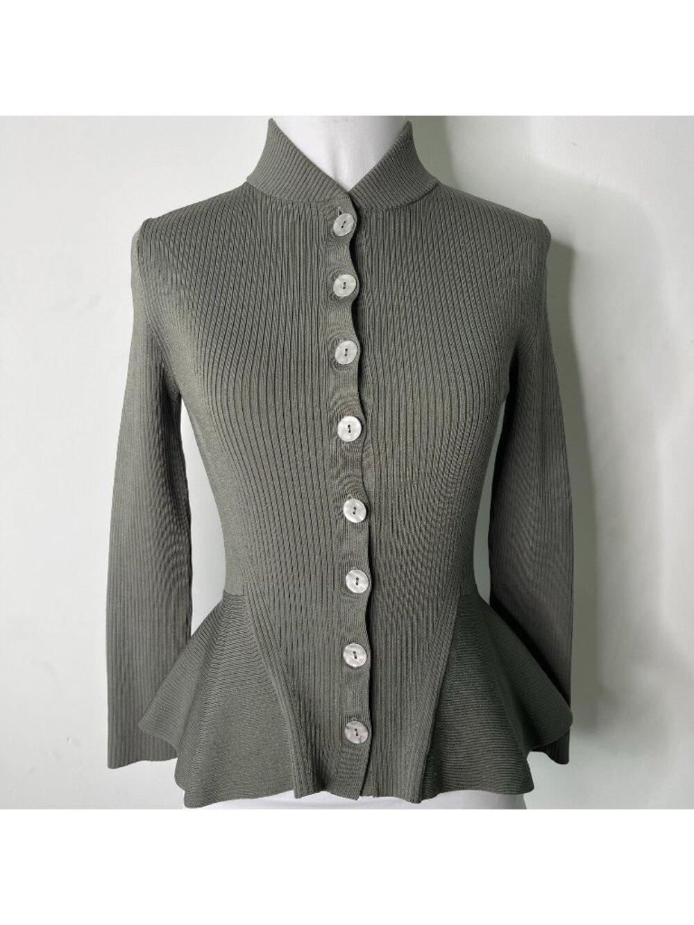 Jonathan Simkhai Peplum Ribbed Knit Cardigan Sweater Grey XS Mock Neck
